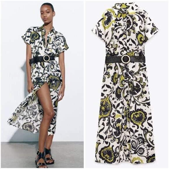 Zara Printed Belted Shirt Dress New - Picture 1 of 5